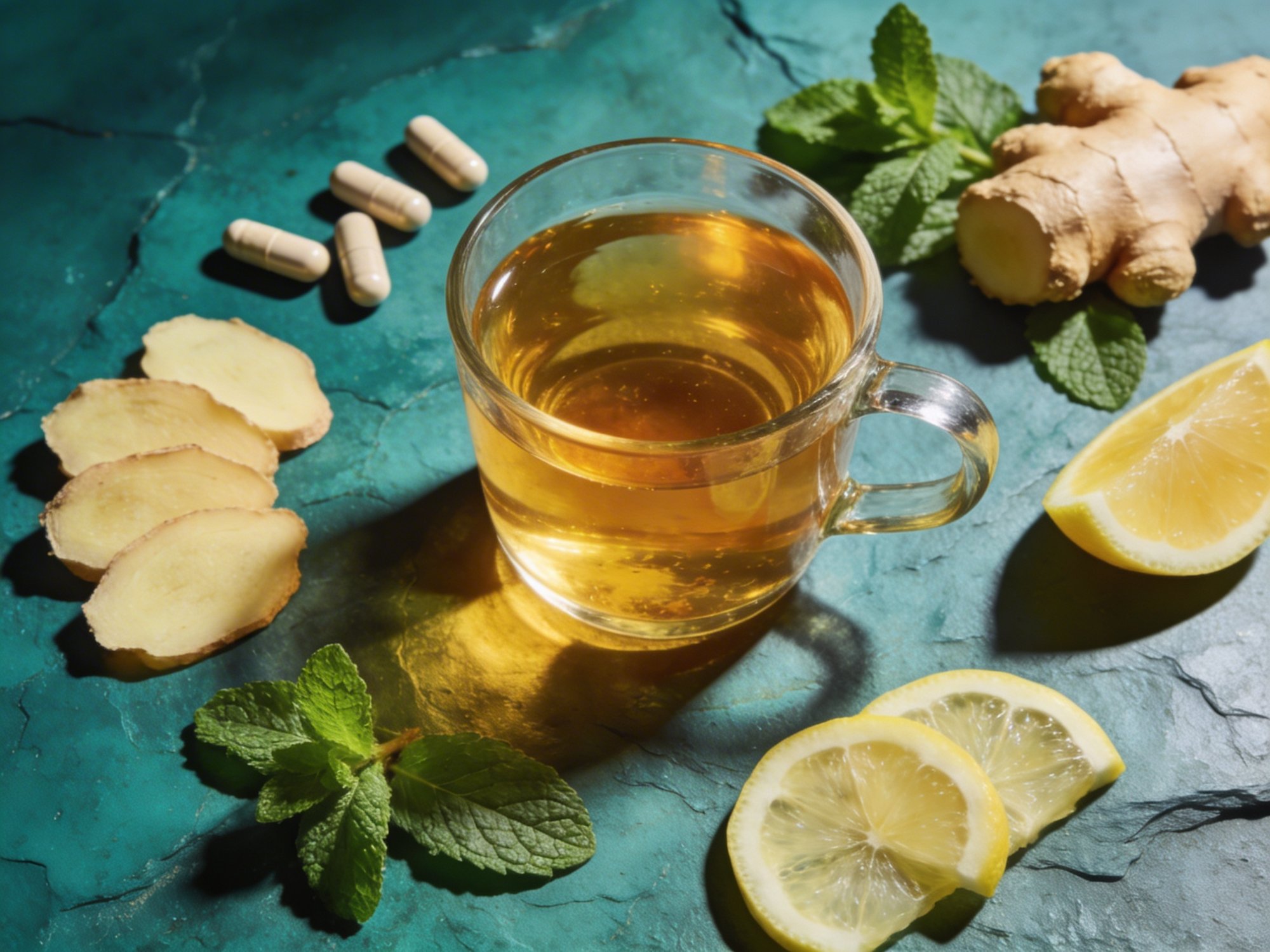 Herbal tea, ginger and natural supplements for gut health
