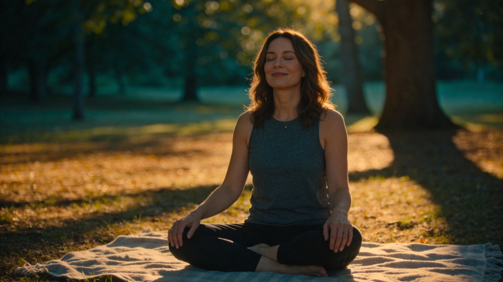 Woman meditating in park at golden hour